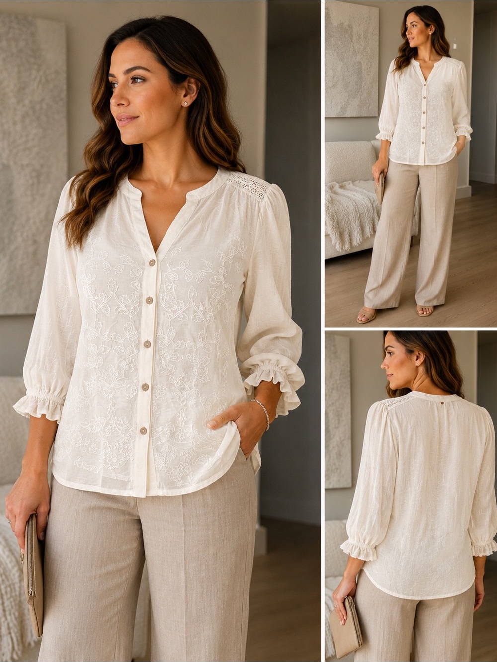 Democracy Cream Embroidered Button-Front Peasant Blouse